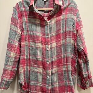 La miel cotton linen shirt long sleeve, size small, pink/blue/off white